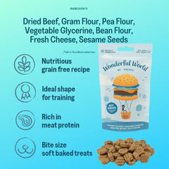 Wonderful World of Treats Variety Dog Treat Pack - 6 Flavours, Beef and Chicken Burgers, Salmon Maki, Pepperoni and Meat Feast Pizza, Carrot Cake 6 x 50g treat bags