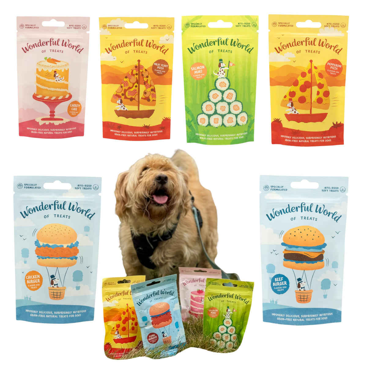 Wonderful World of Treats Variety Dog Treat Pack - 6 Flavours, Beef and Chicken Burgers, Salmon Maki, Pepperoni and Meat Feast Pizza, Carrot Cake 6 x 50g treat bags