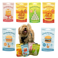 Wonderful World of Treats Variety Dog Treat Pack - 6 Flavours, Beef and Chicken Burgers, Salmon Maki, Pepperoni and Meat Feast Pizza, Carrot Cake 6 x 50g treat bags